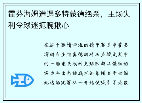 霍芬海姆遭遇多特蒙德绝杀，主场失利令球迷扼腕揪心