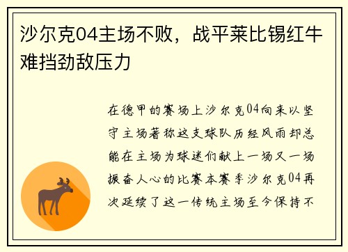 沙尔克04主场不败，战平莱比锡红牛难挡劲敌压力